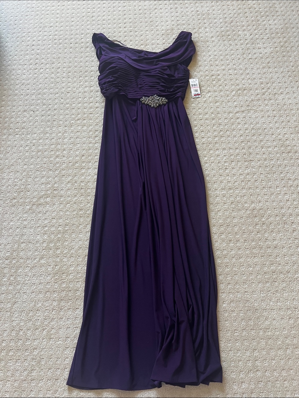 Alex Evenings Plum Ruched Maxi Gown with Jeweled Waist